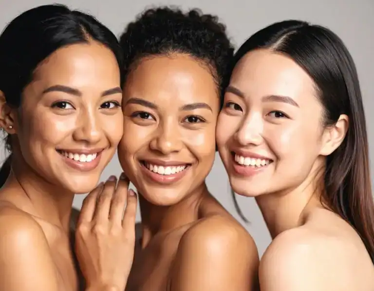Three diverse women smiling towards camera