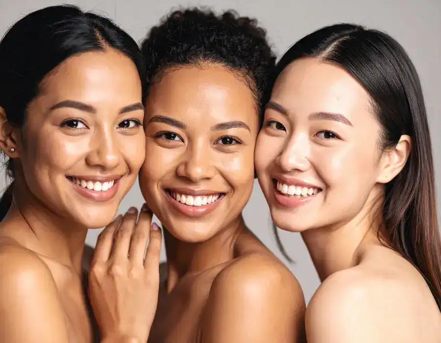 Three diverse women smiling towards camera